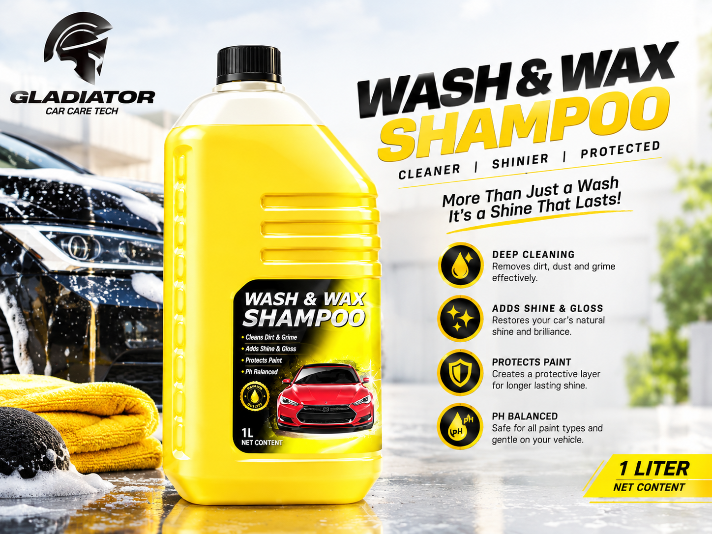Gladiator Wash & Wax Shampoo 2L With Premium Microfibre Towel - Image 3